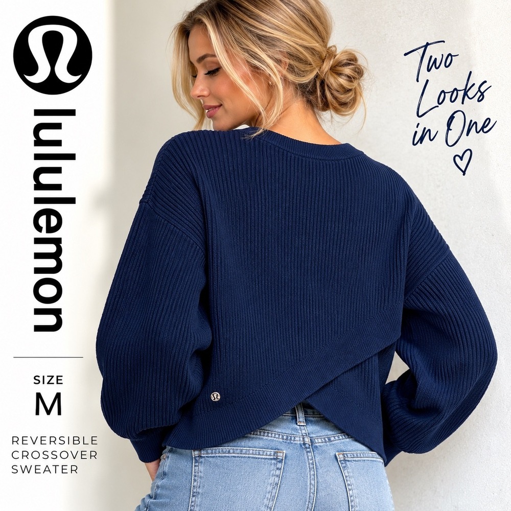 Lululemon Reversible Crossover Ribbed Sweater M Navy Blue Balloon Sleeve LW3IU5S